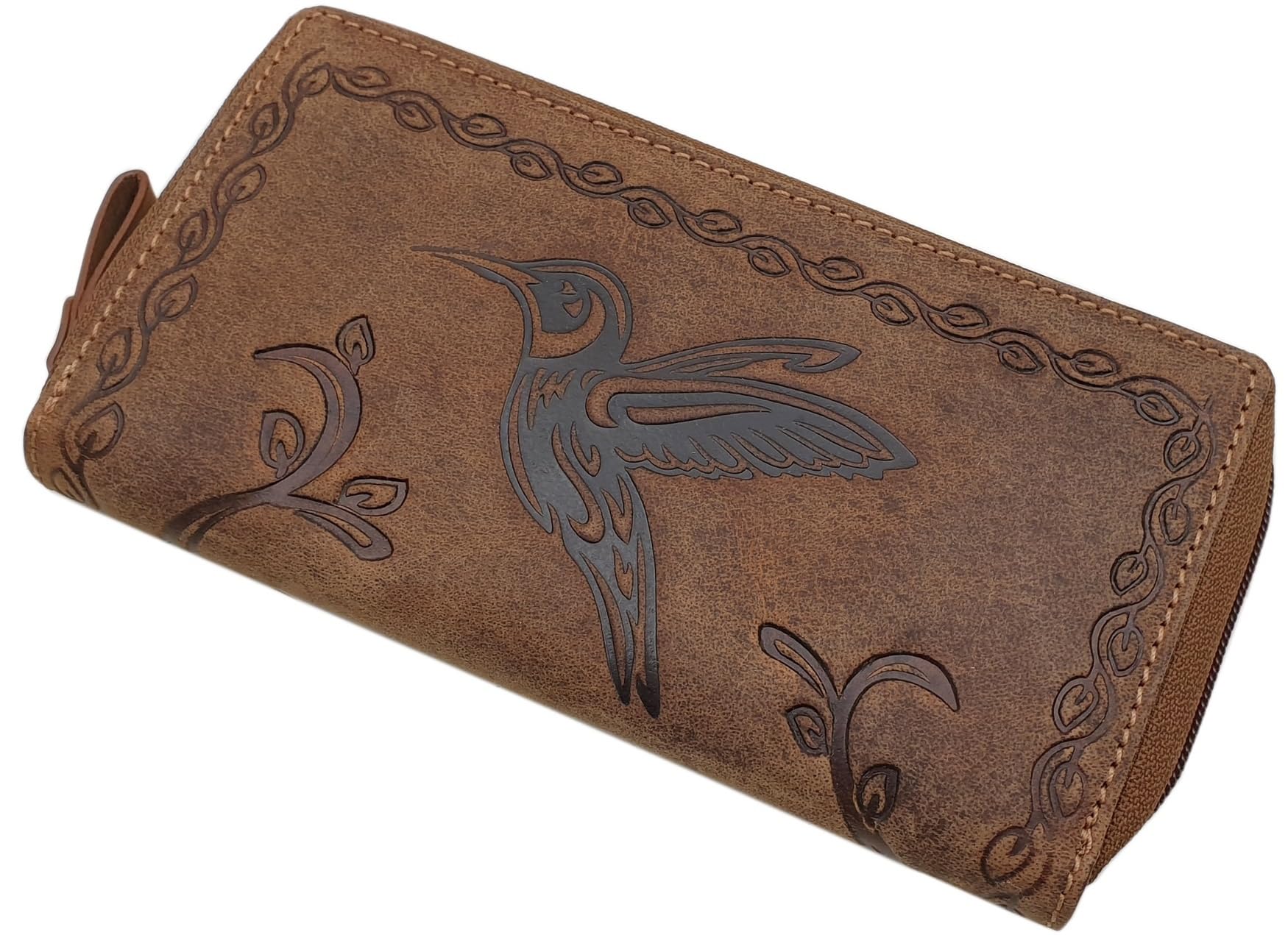 myledershop Damen Geldbörsen Grande portafoglio pelle di bufalo donna marrone colibrì