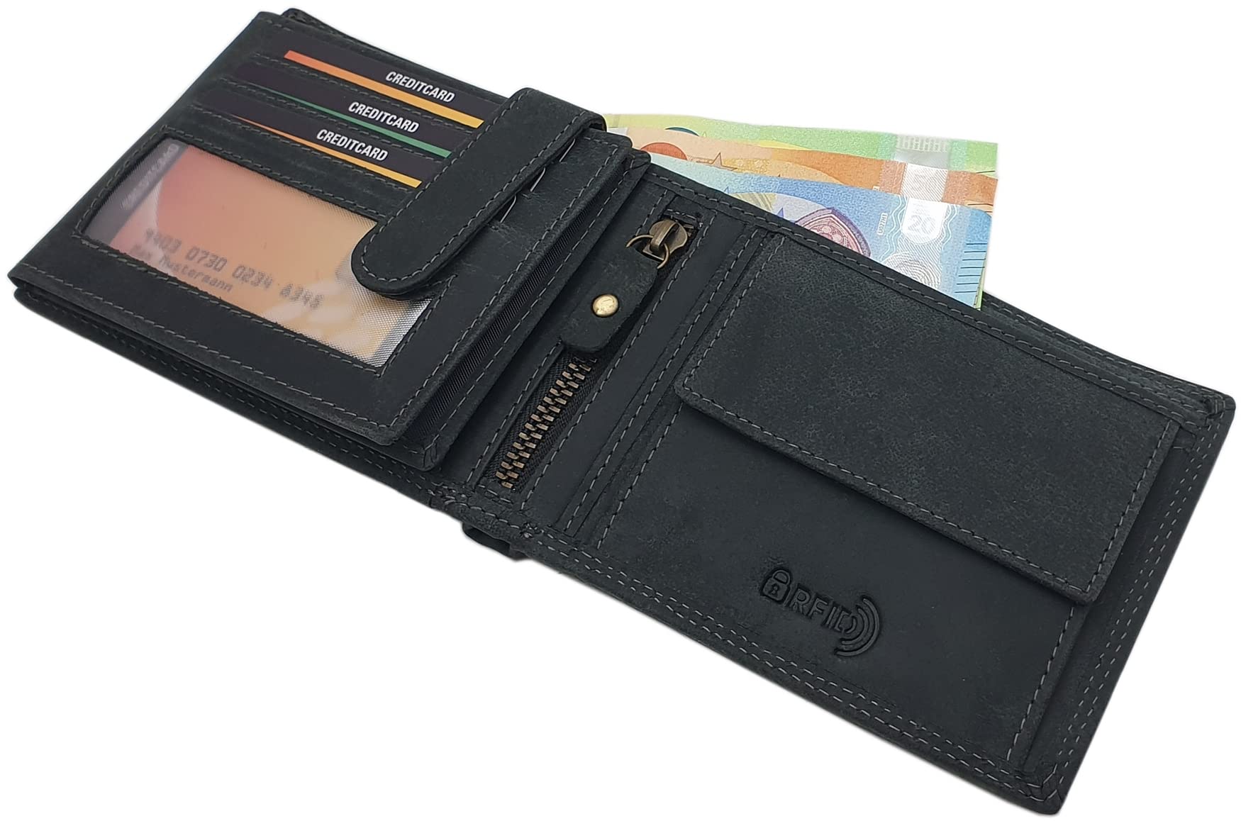 myledershop Herren Geldbörsen portafoglio bufalo orizzontale nero RFID