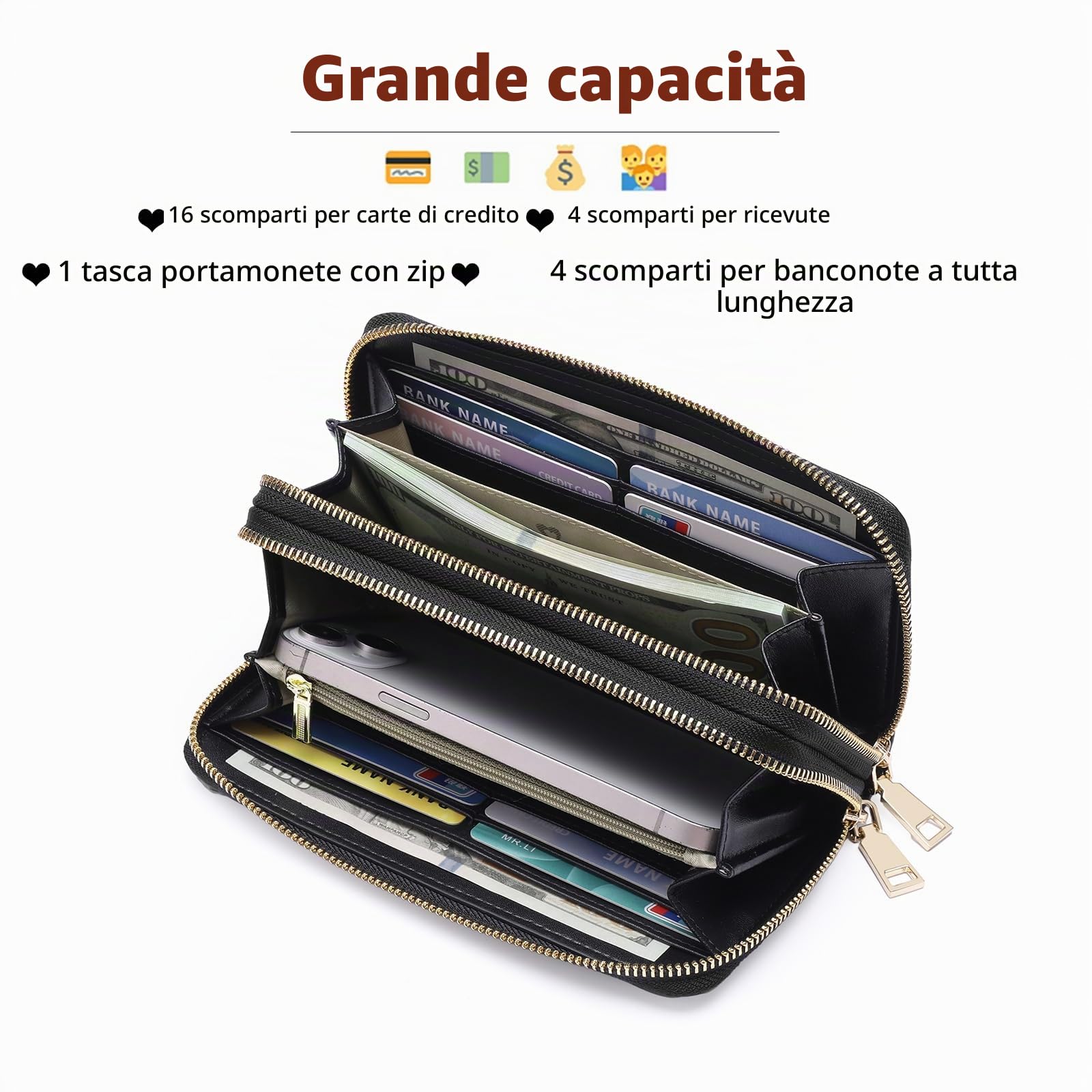 GOIACII WOMEN'S LARGE WALLET portafoglio donna grande C01-nero RFID doppia cerniera