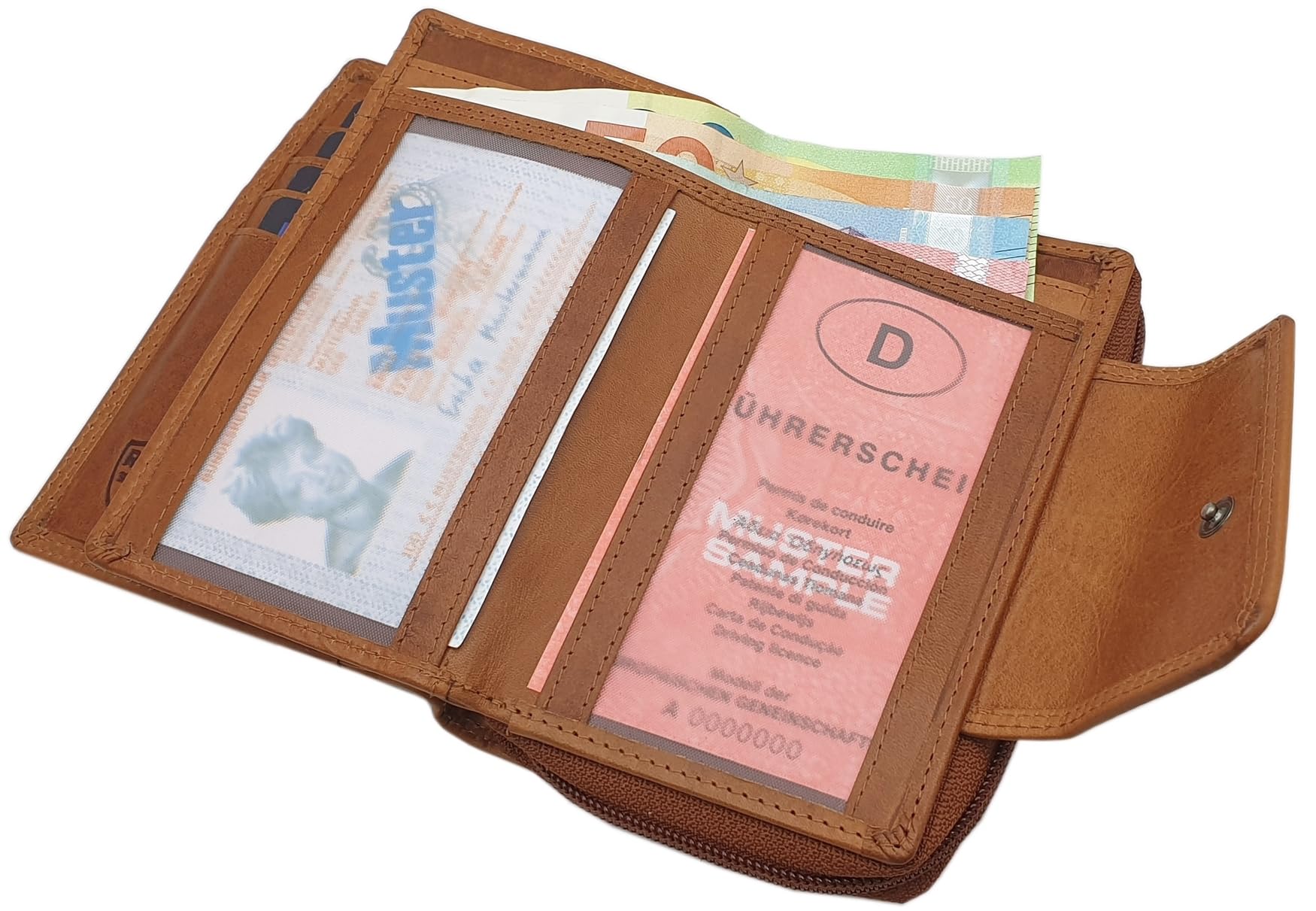 myledershop Damen Geldbörsen portafoglio donna pelle bovina cognac RFID NFC