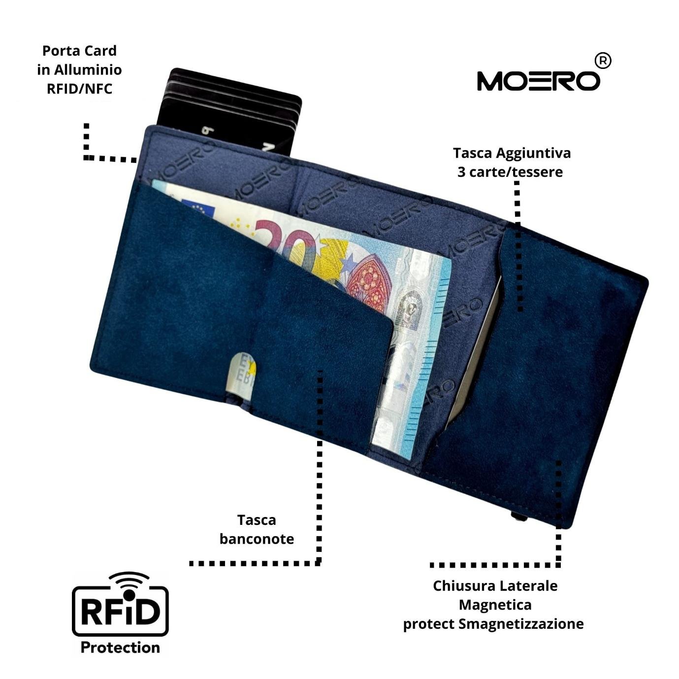Moero Linea PRO PRO Zip SUPERIOR portafoglio blu microfibra scamosciata