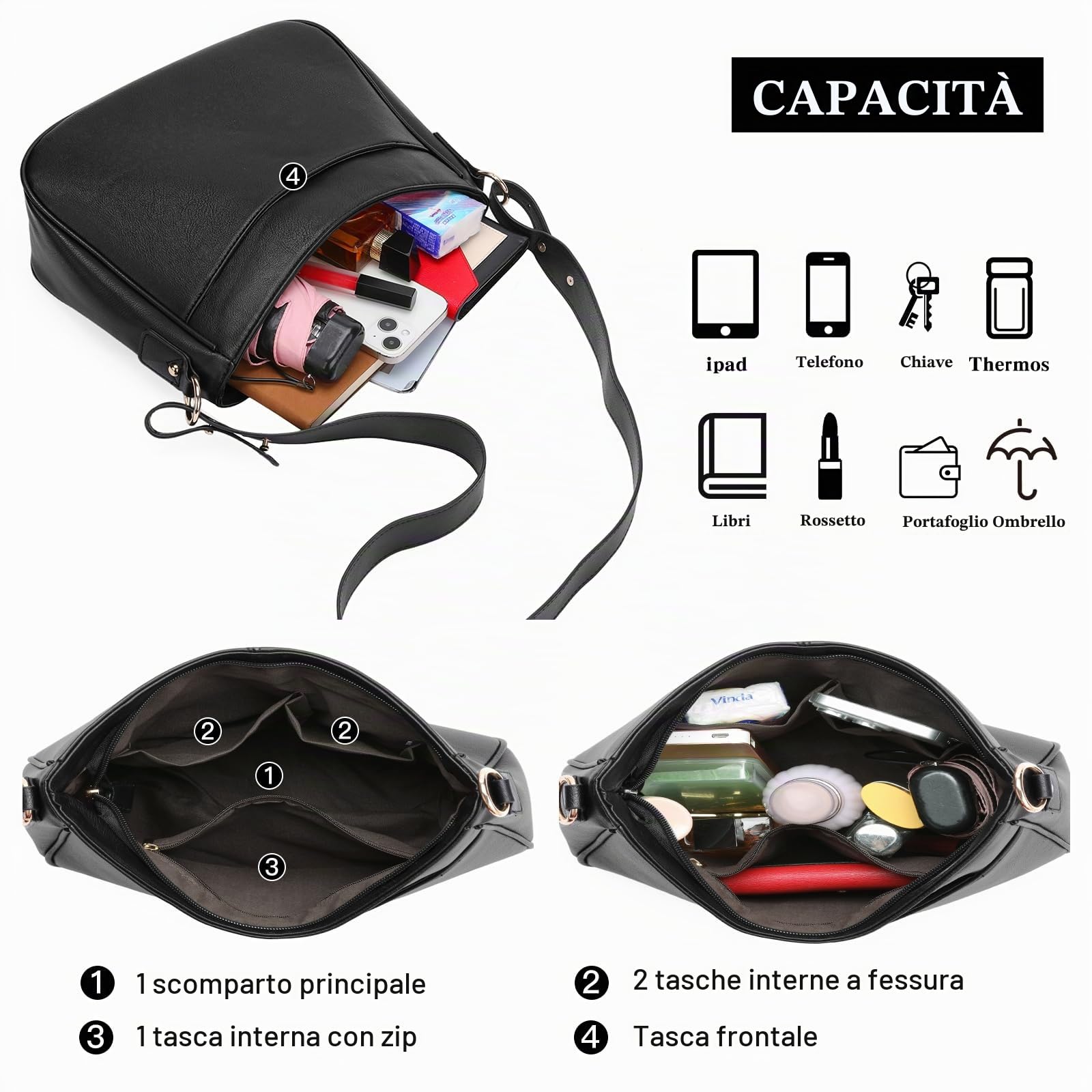 GOIACII BAG borsa hobo a tracolla donna nera con tasca posteriore