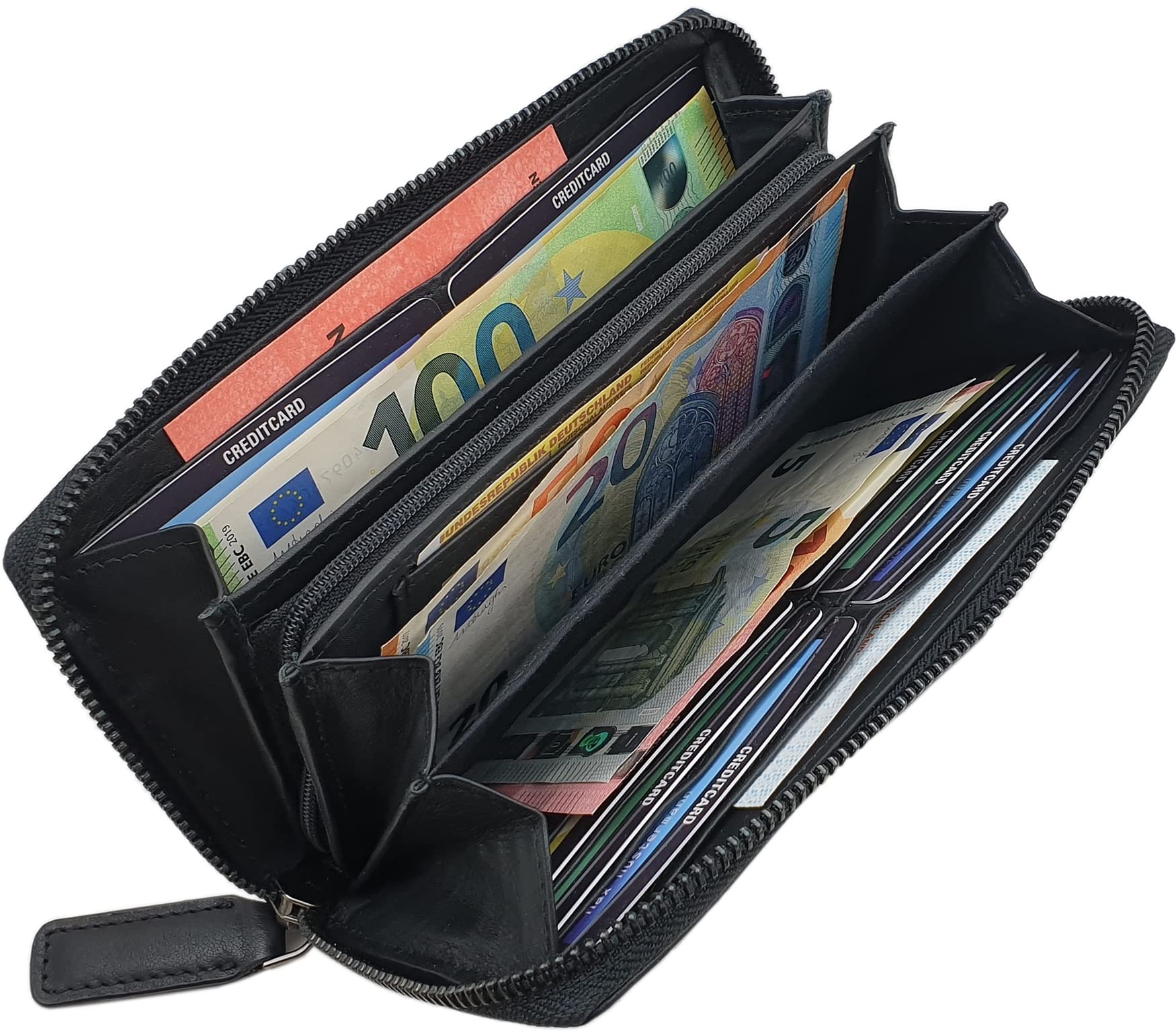 myledershop Damen Geldbörsen portafoglio grande in nappa nero RFID