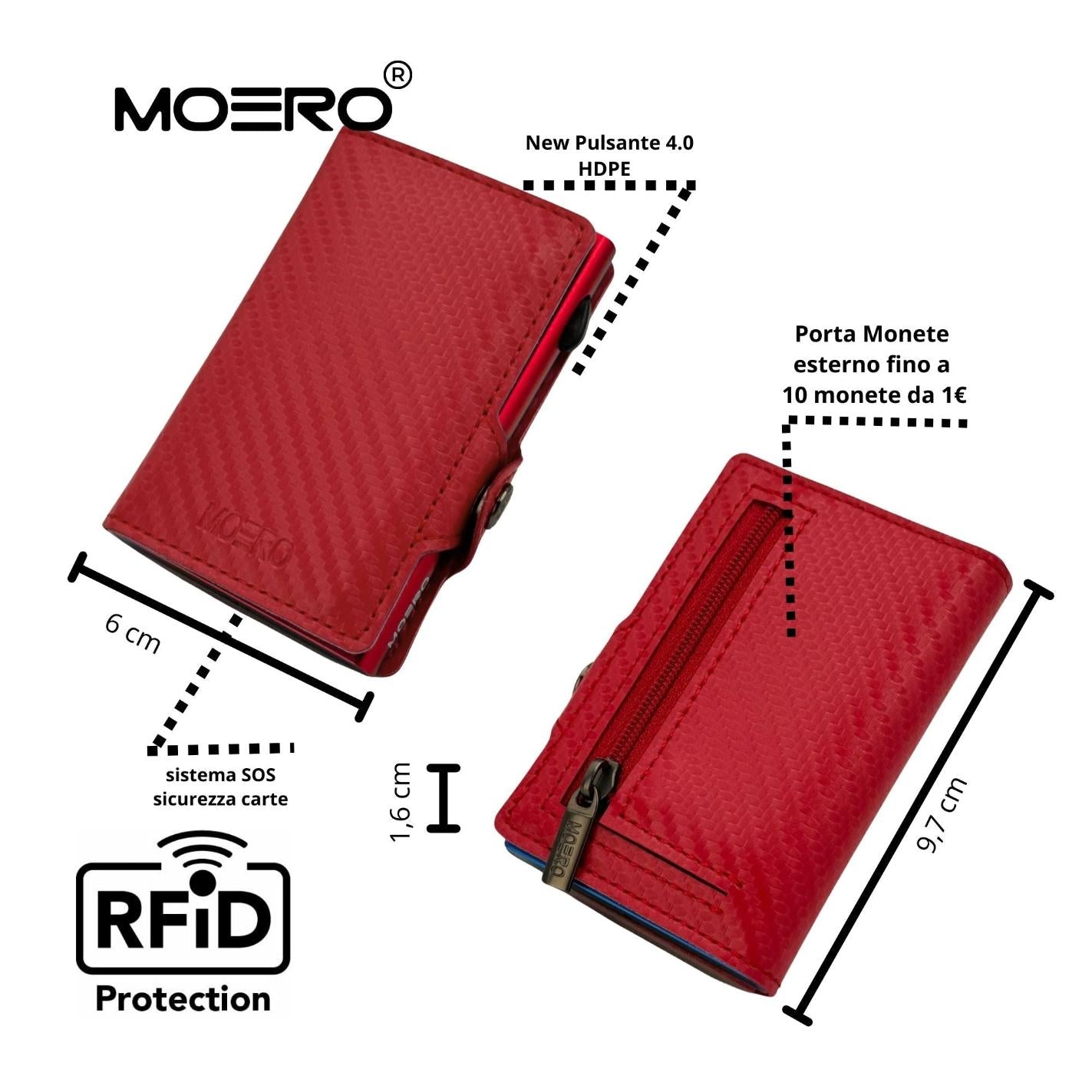 Moero Linea Classic Classic Zip Carbon portafoglio rosso con zip RFID