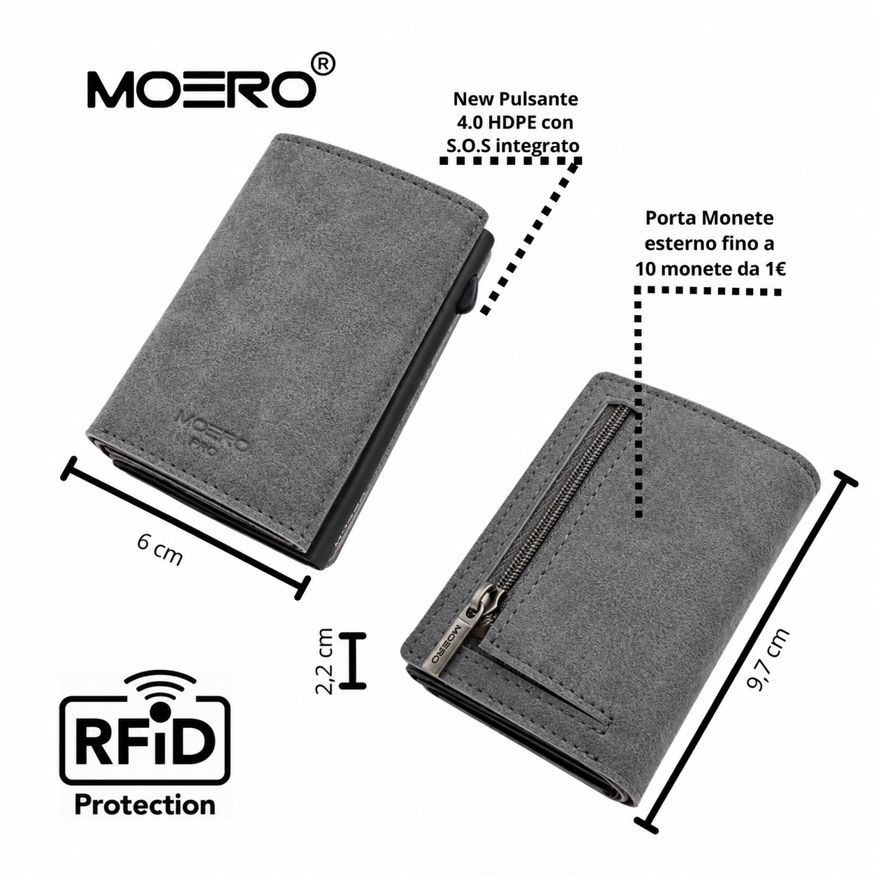 Moero Linea PRO PRO PLUS Zip SUPERIOR portafoglio Grey con portamonete RFID