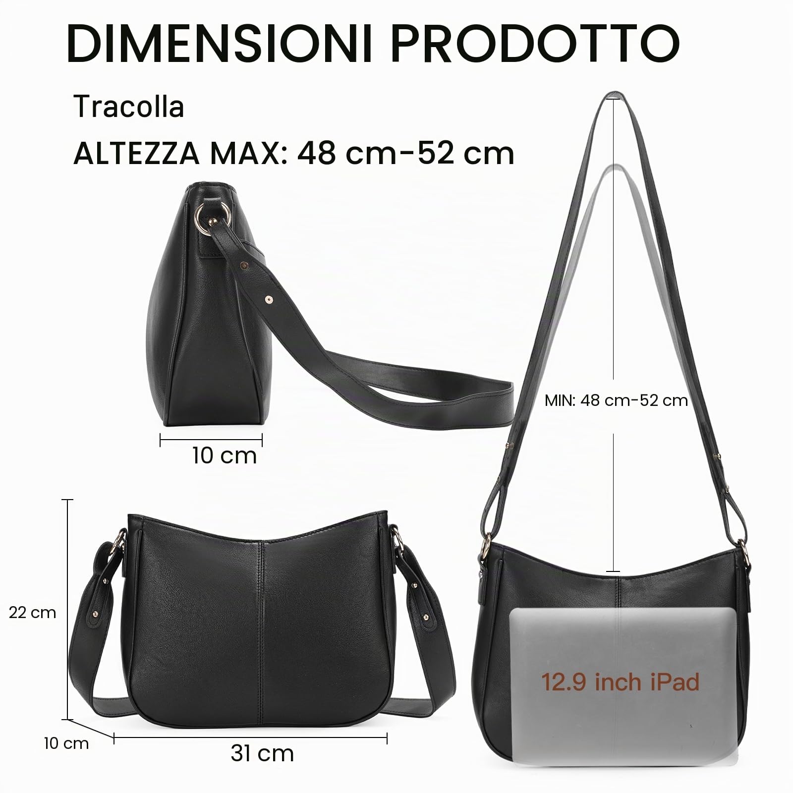 GOIACII BAG borsa hobo a tracolla donna nera con tasca posteriore