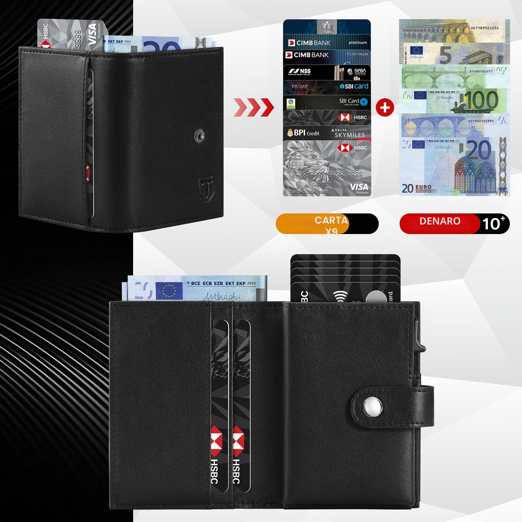 TENBST Card Holder portafoglio uomo slim nero RFID con portamonete