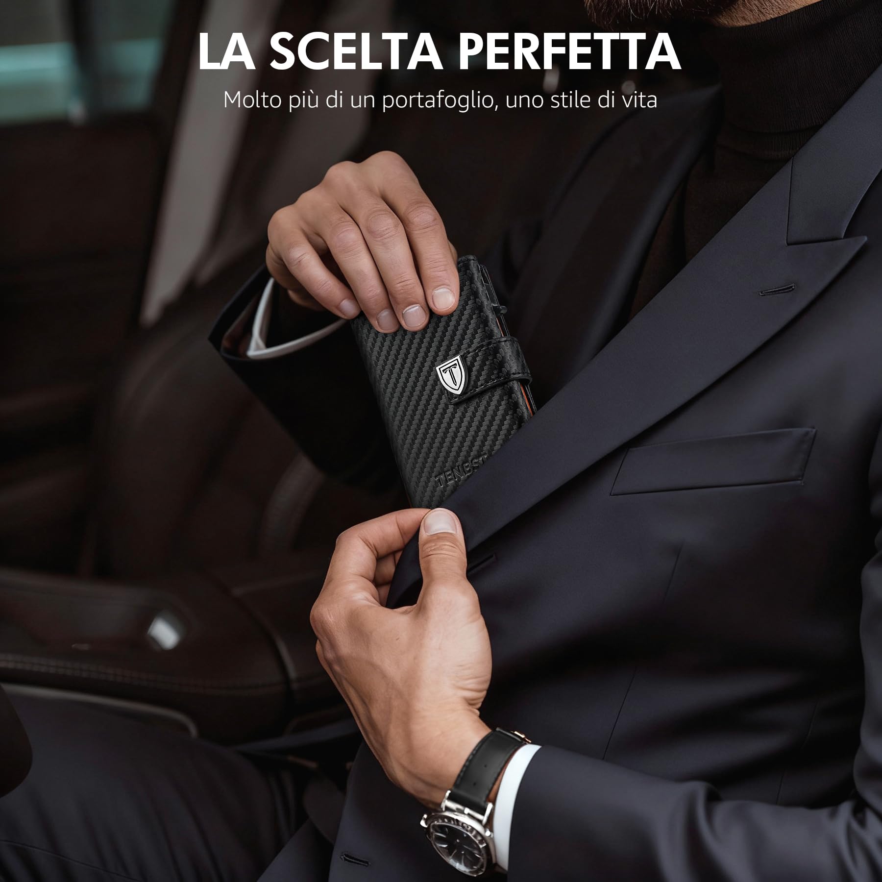 TENBST Card Holder portafoglio uomo nero arancione RFID 10 carte