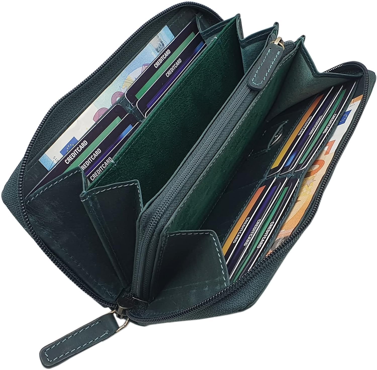 myledershop Damen Geldbörsen portafoglio grande verde scuro in pelle bovina RFID