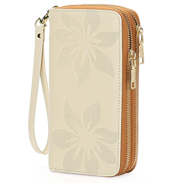 GOIACII WOMEN'S LARGE WALLET portafoglio donna grande doppia zip A07 Bianco Marrone