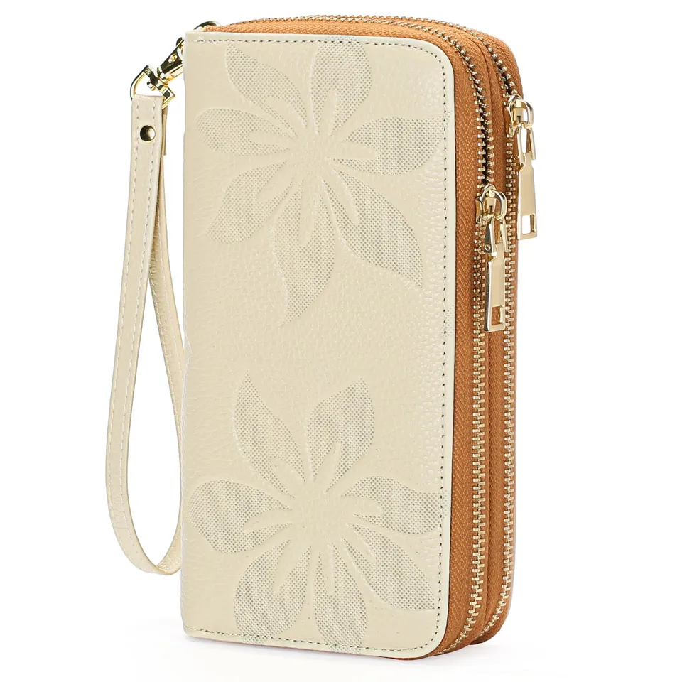 GOIACII WOMEN'S LARGE WALLET portafoglio donna grande doppia zip A07 Bianco Marrone