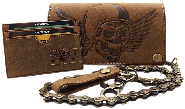 myledershop Bikerbörsen portafoglio biker marrone RFID con catena