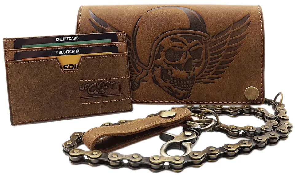 myledershop Bikerbörsen portafoglio biker marrone RFID con catena