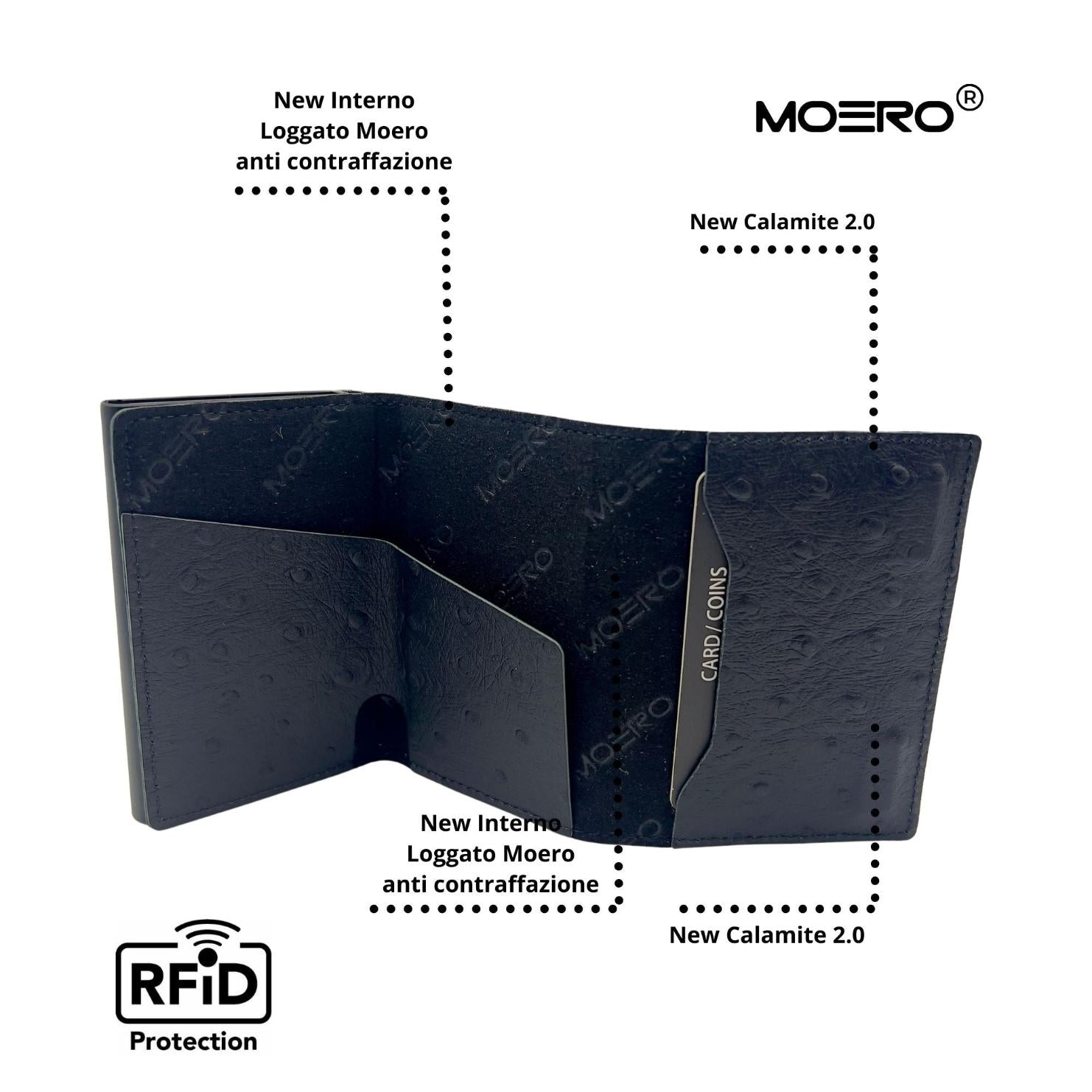 Moero Linea PRO Struzzo portafoglio nero in vera pelle con chiusura magnetica