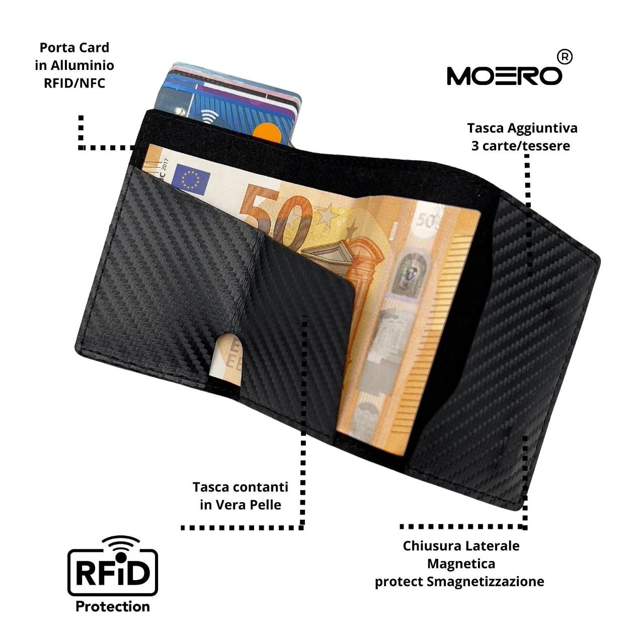Moero Linea PRO Zip Carbon portafoglio nero 4.0 con RFID