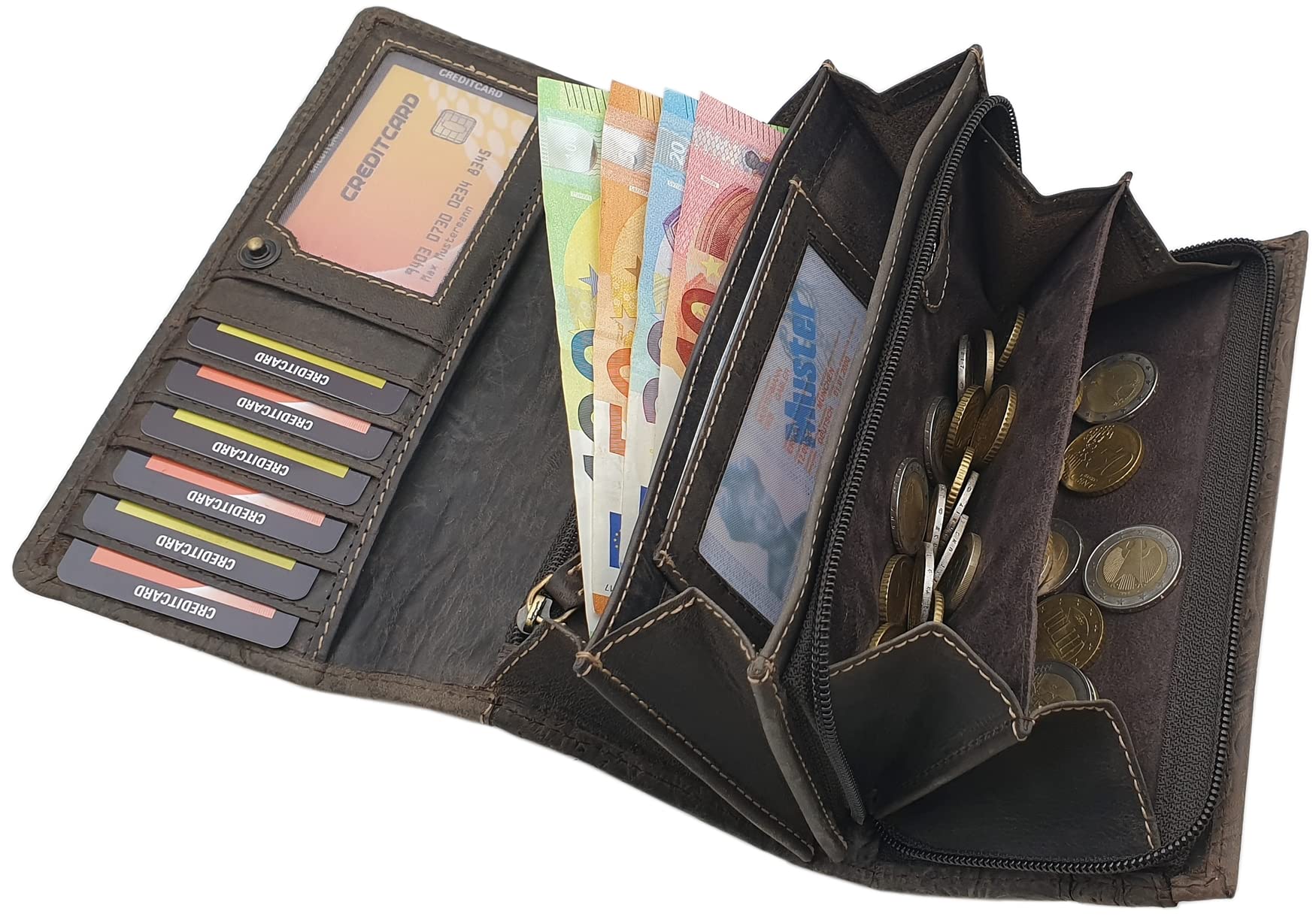 myledershop Damen Geldbörsen portafoglio grande marrone RFID
