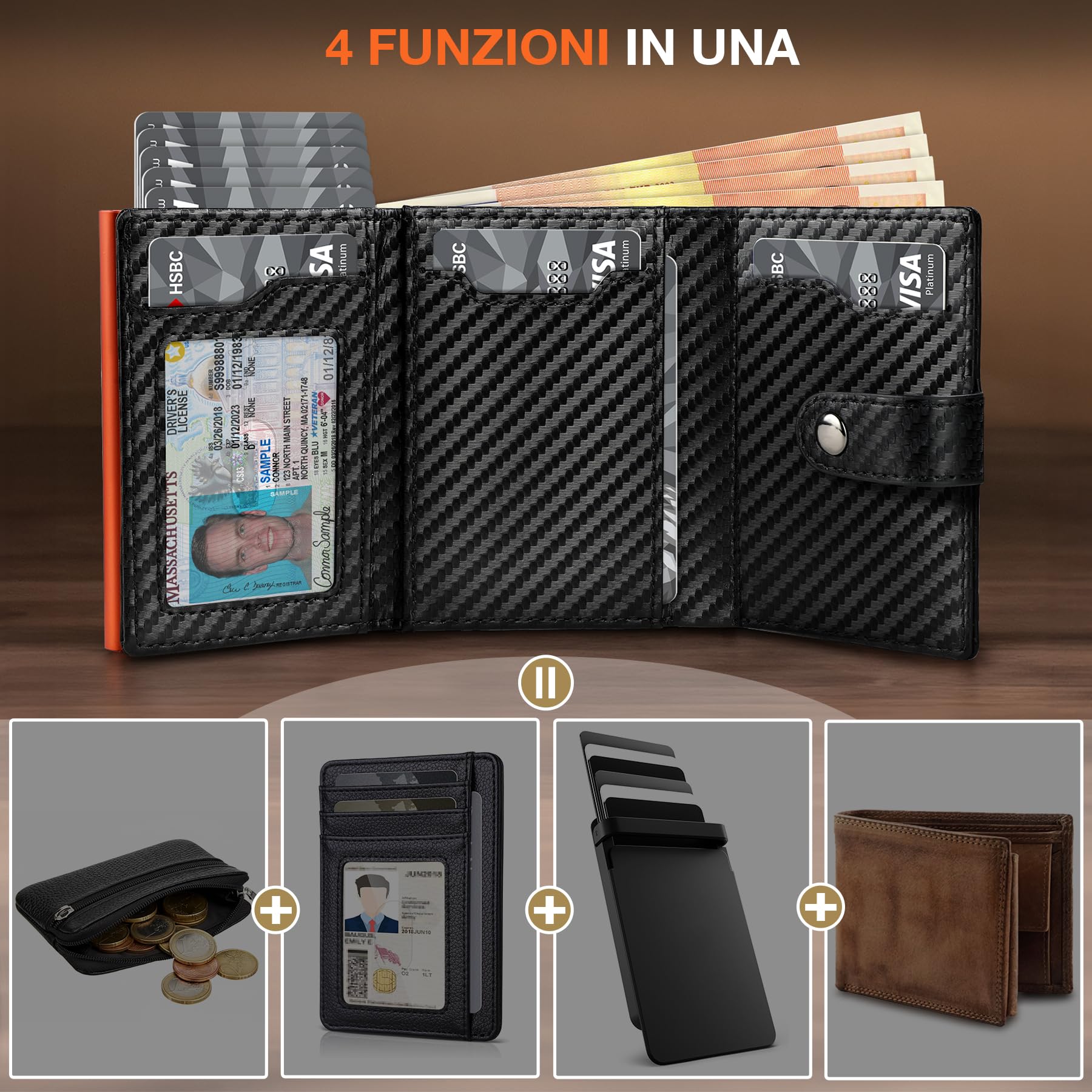TENBST Card Holder portacarte uomo Nero/Arancione 10 carte RFID