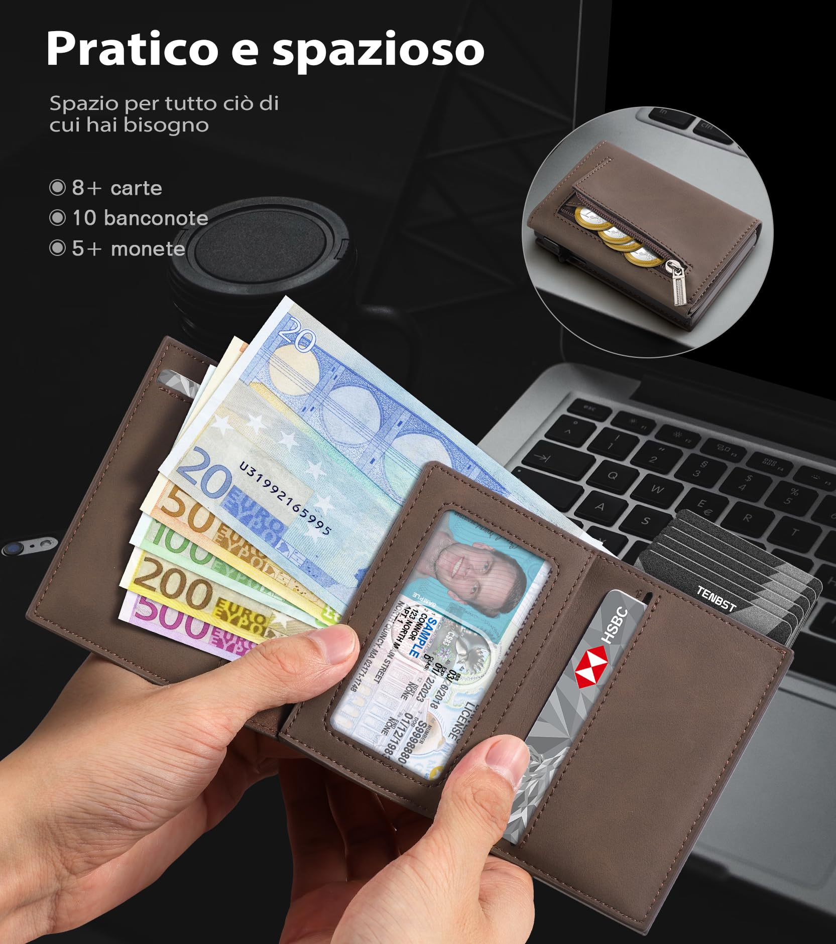 TENBST Card Holder portafoglio slim 8 carte Nero RFID