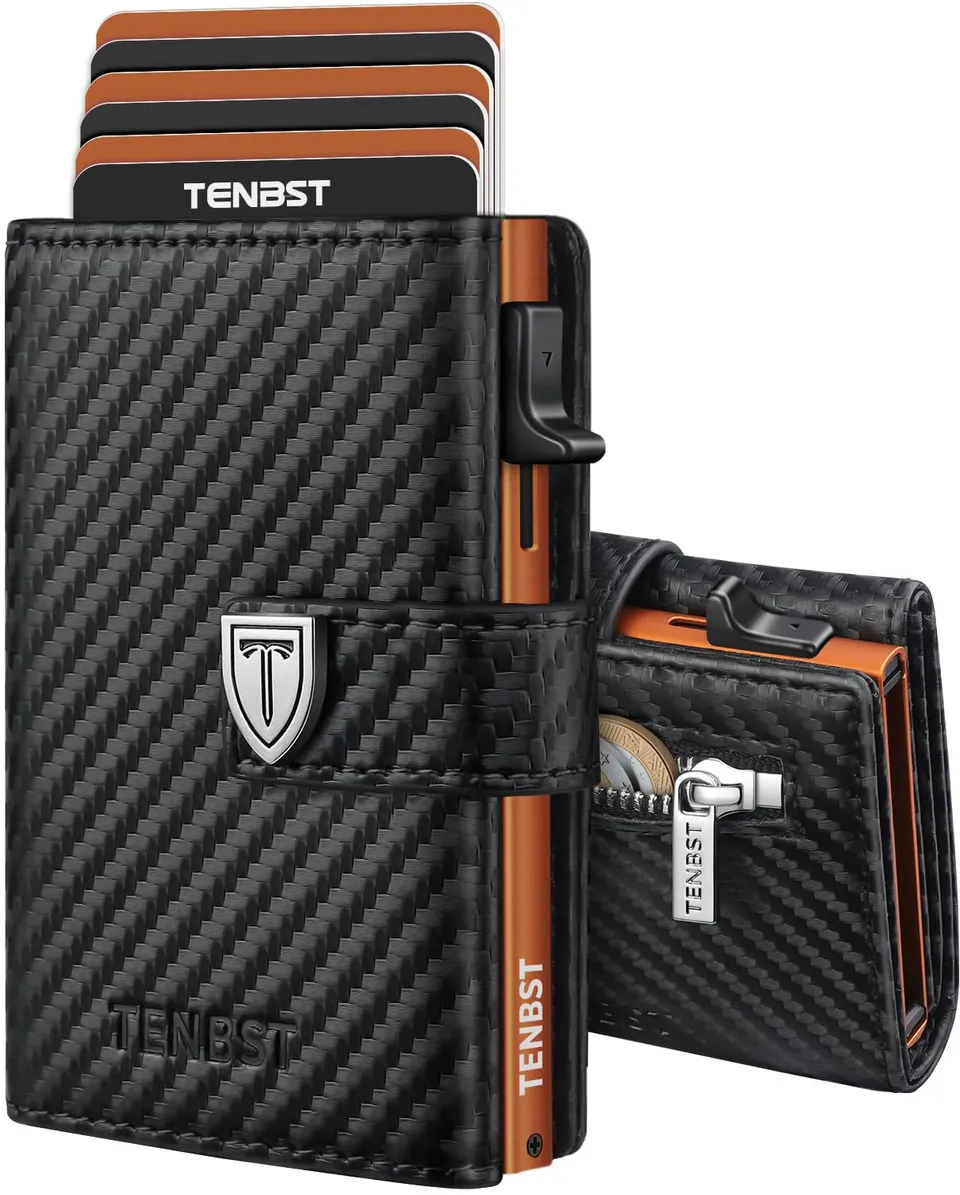 TENBST Card Holder portafoglio uomo nero arancione RFID 10 carte