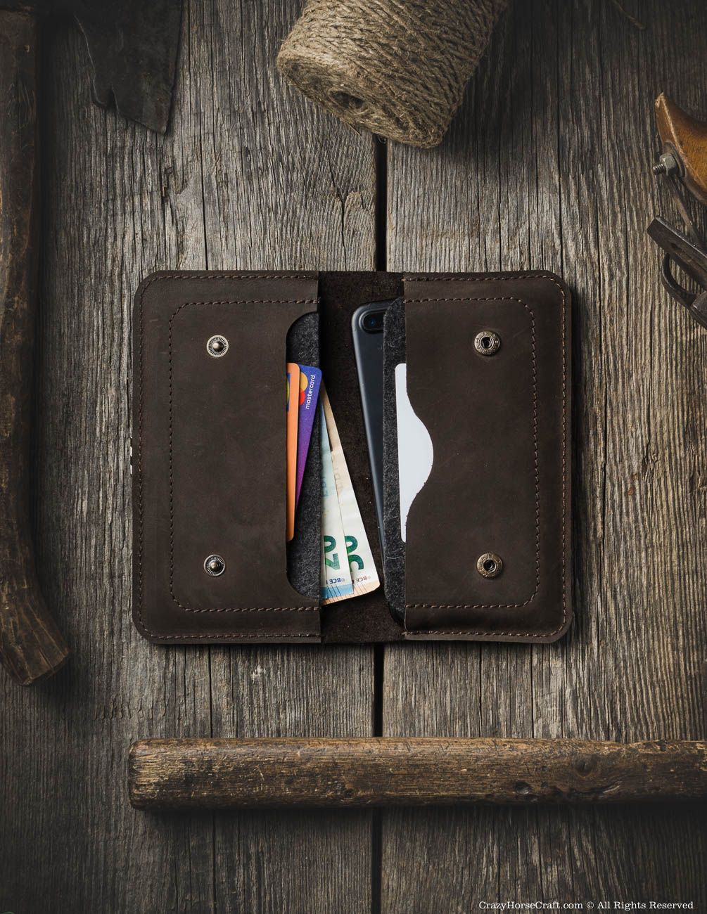 Crazy Horse Craft Phone Cases Portafoglio doppio iPhone Wood Brown