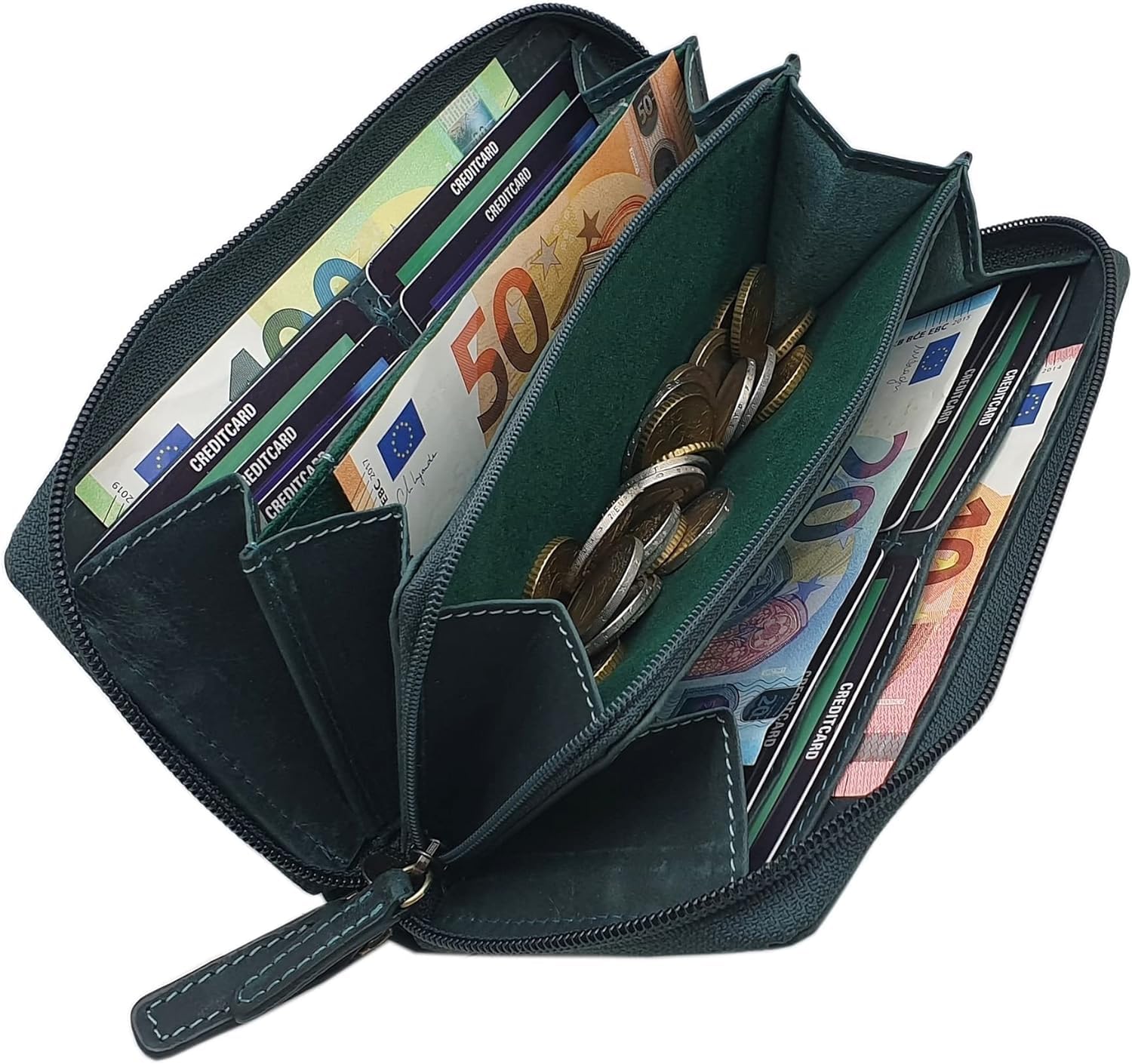 myledershop Damen Geldbörsen portafoglio grande verde scuro in pelle bovina RFID