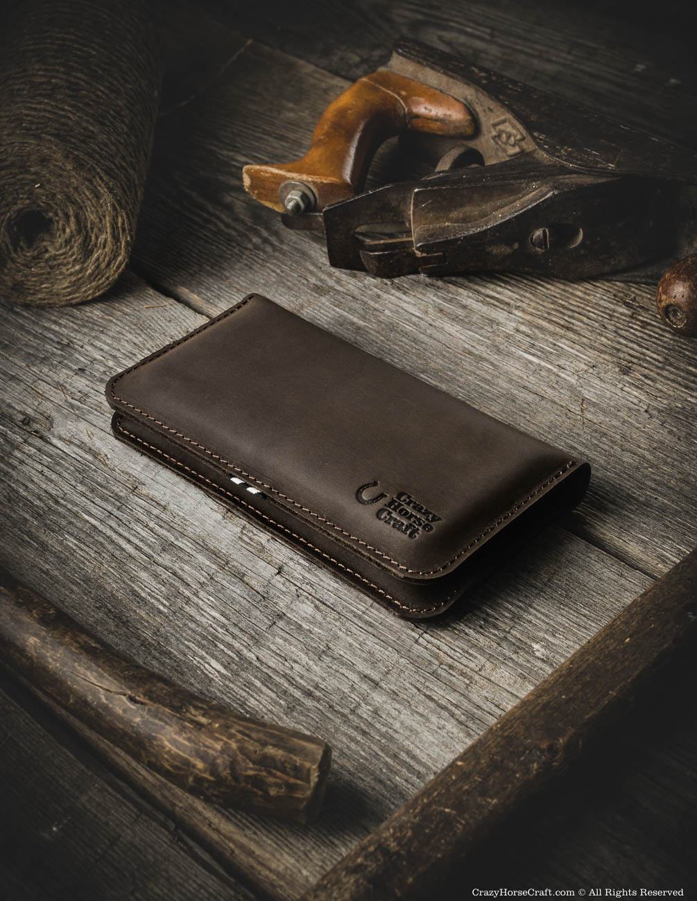 Crazy Horse Craft Phone Cases Portafoglio doppio iPhone Wood Brown