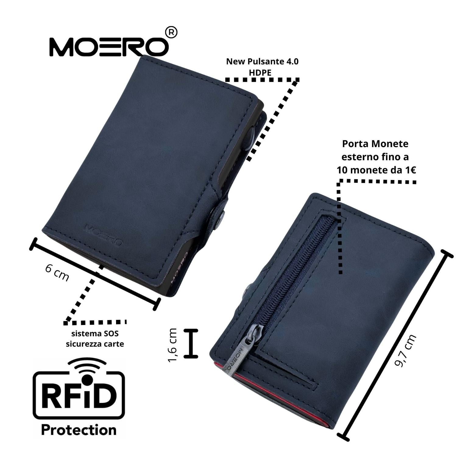 Moero Linea Classic Vintage Blue ZIP portafoglio ecopelle blu