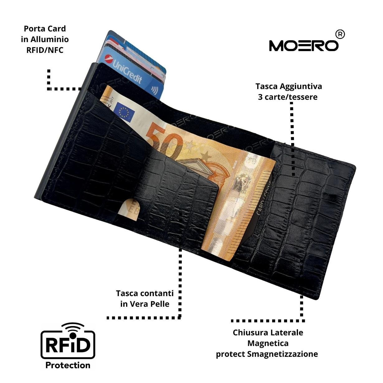 Moero Linea PRO Croco portafoglio nero RFID effetto coccodrillo