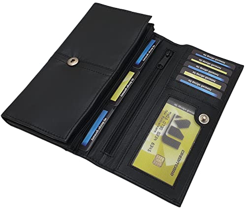 myledershop Damen Geldbörsen grande portafoglio donna pelle di vitello nero RFID NFC