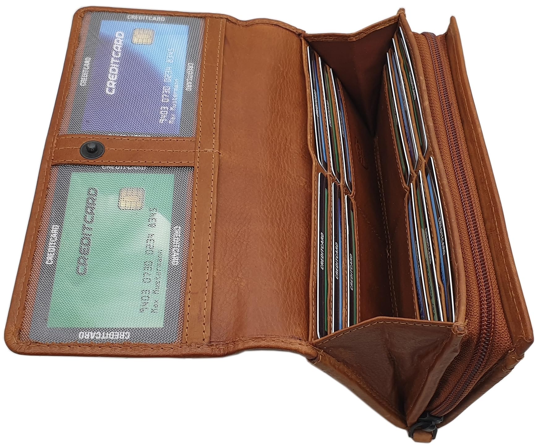 myledershop Damen Geldbörsen portafoglio donna grande cognac RFID