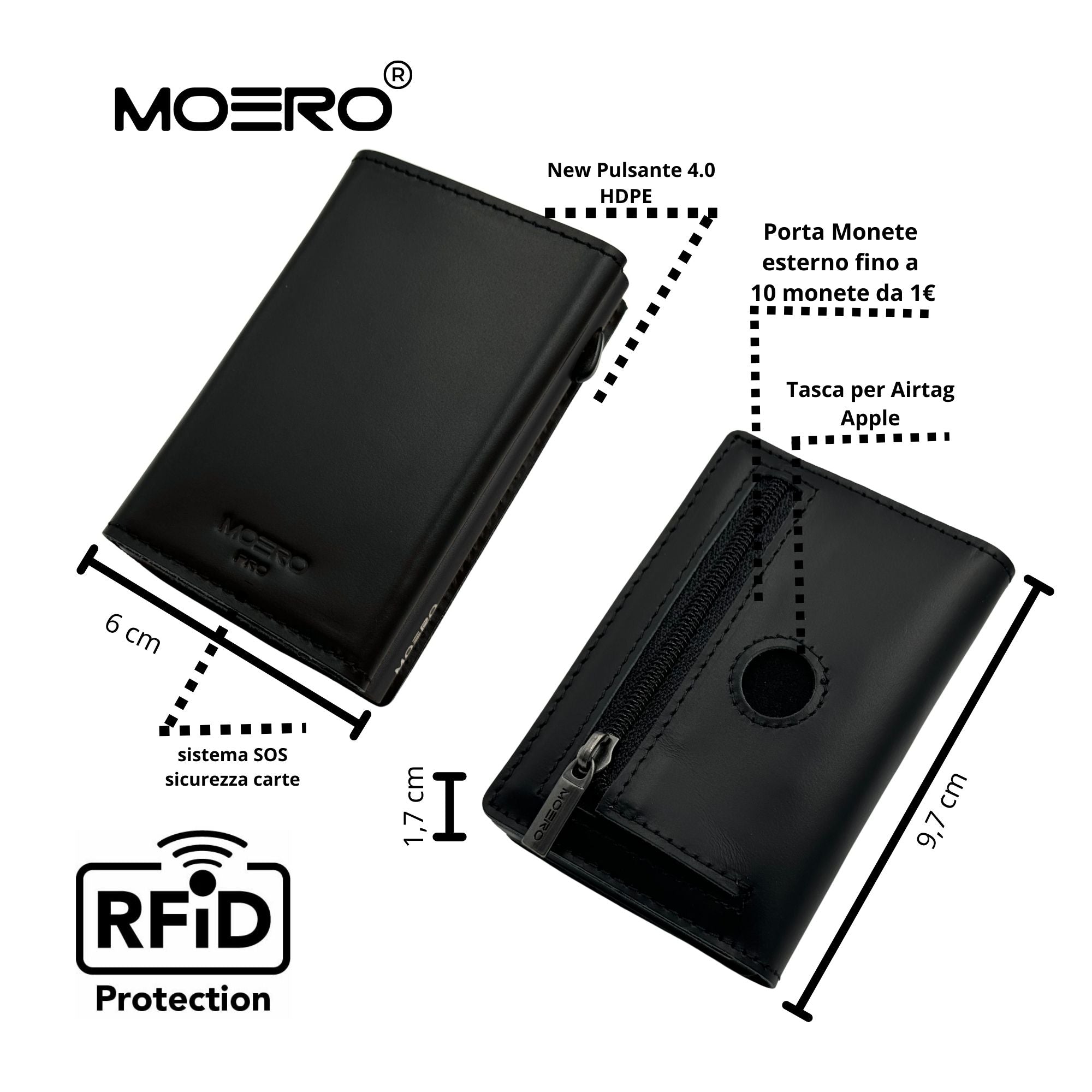 Moero Linea AirTag PRO Zip AirTag portafoglio nero con RFID