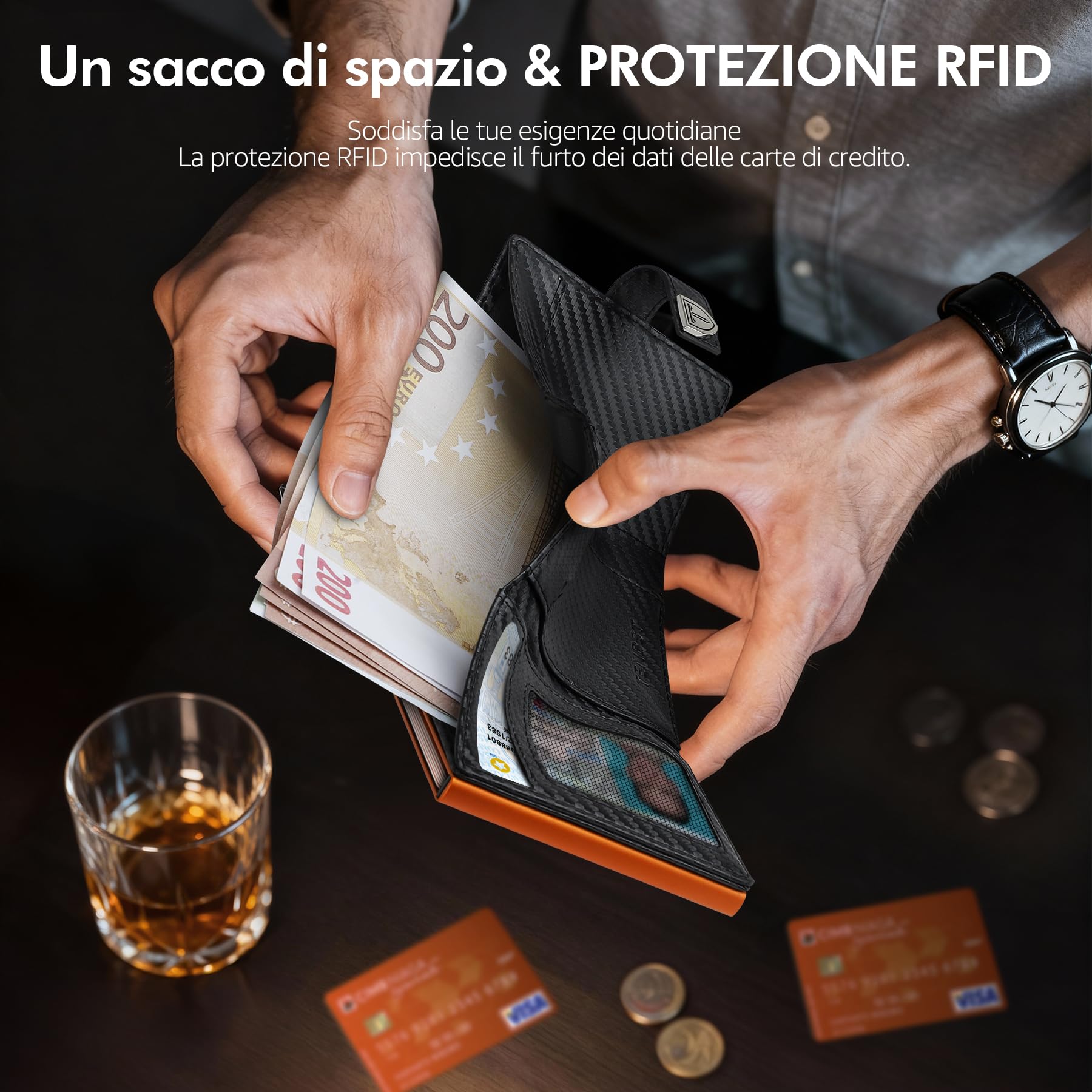 TENBST Card Holder portafoglio uomo nero arancione RFID 10 carte