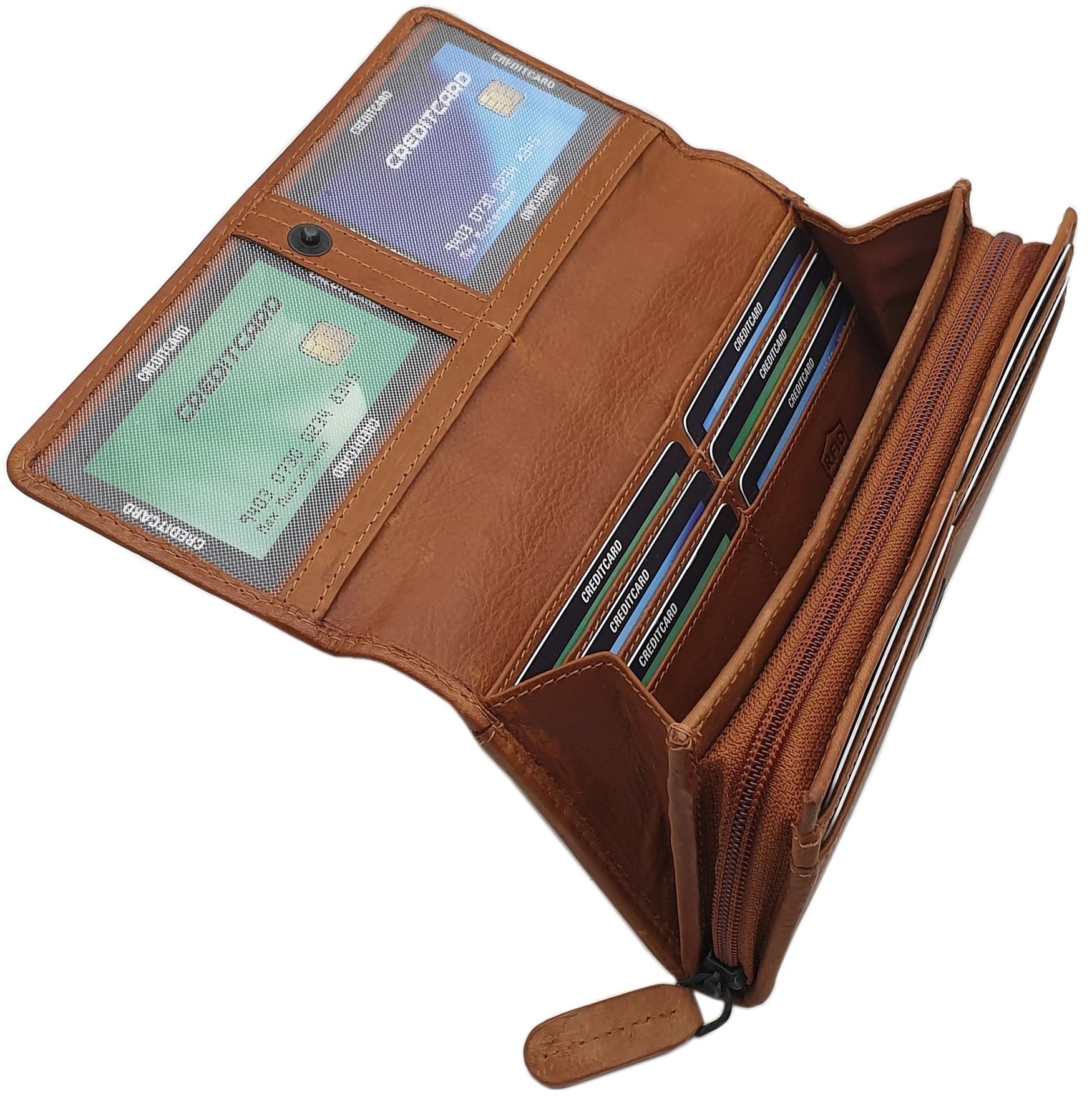 myledershop Damen Geldbörsen portafoglio donna grande cognac RFID