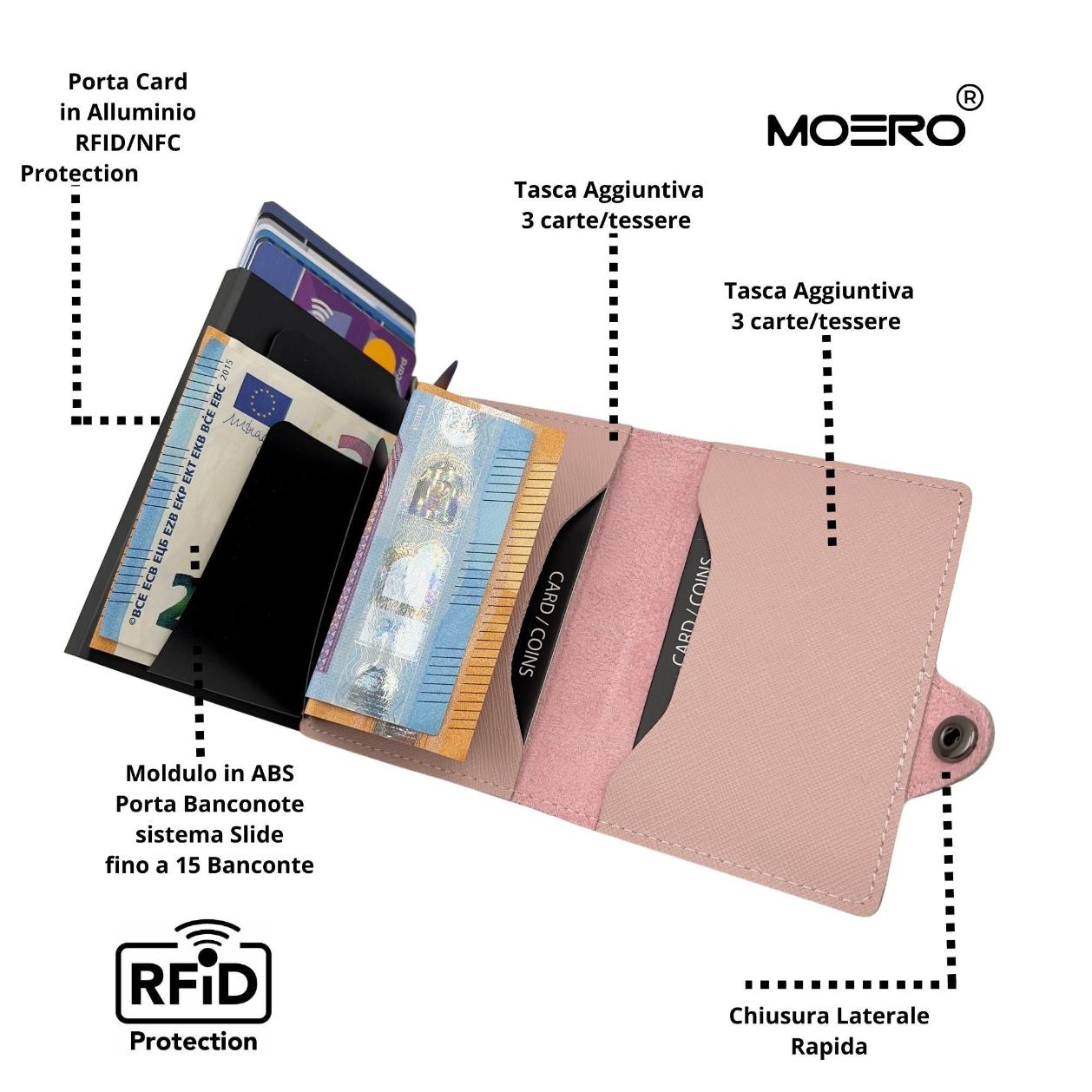 Moero Linea Classic Classic Zip Saffiano portafoglio Rosa RFID antigraffio
