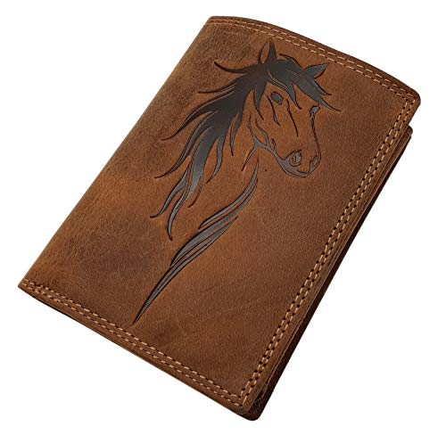 myledershop Damen Geldbörsen portafoglio donna con cavallo RFID cognac pelle di bufalo