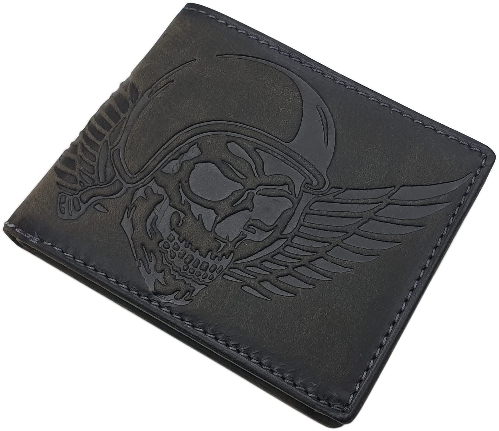 myledershop Herren Geldbörsen portafoglio uomo teschio in pelle di bufalo marrone RFID NFC