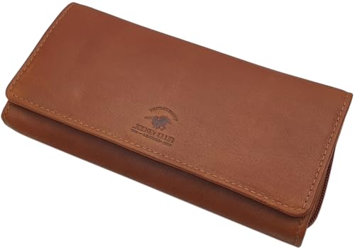 myledershop Damen Geldbörsen portafoglio donna grande cognac RFID