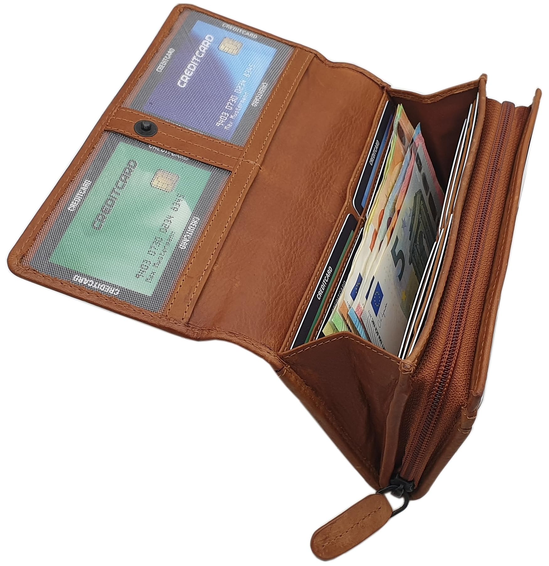 myledershop Damen Geldbörsen portafoglio donna grande cognac RFID