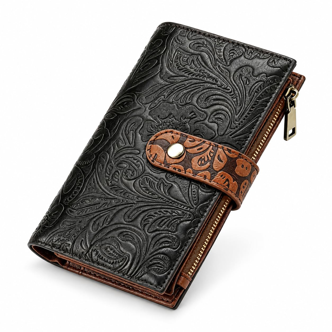 GOIACII WOMEN'S LARGE WALLET Portafoglio da donna Nero e marrone RFID