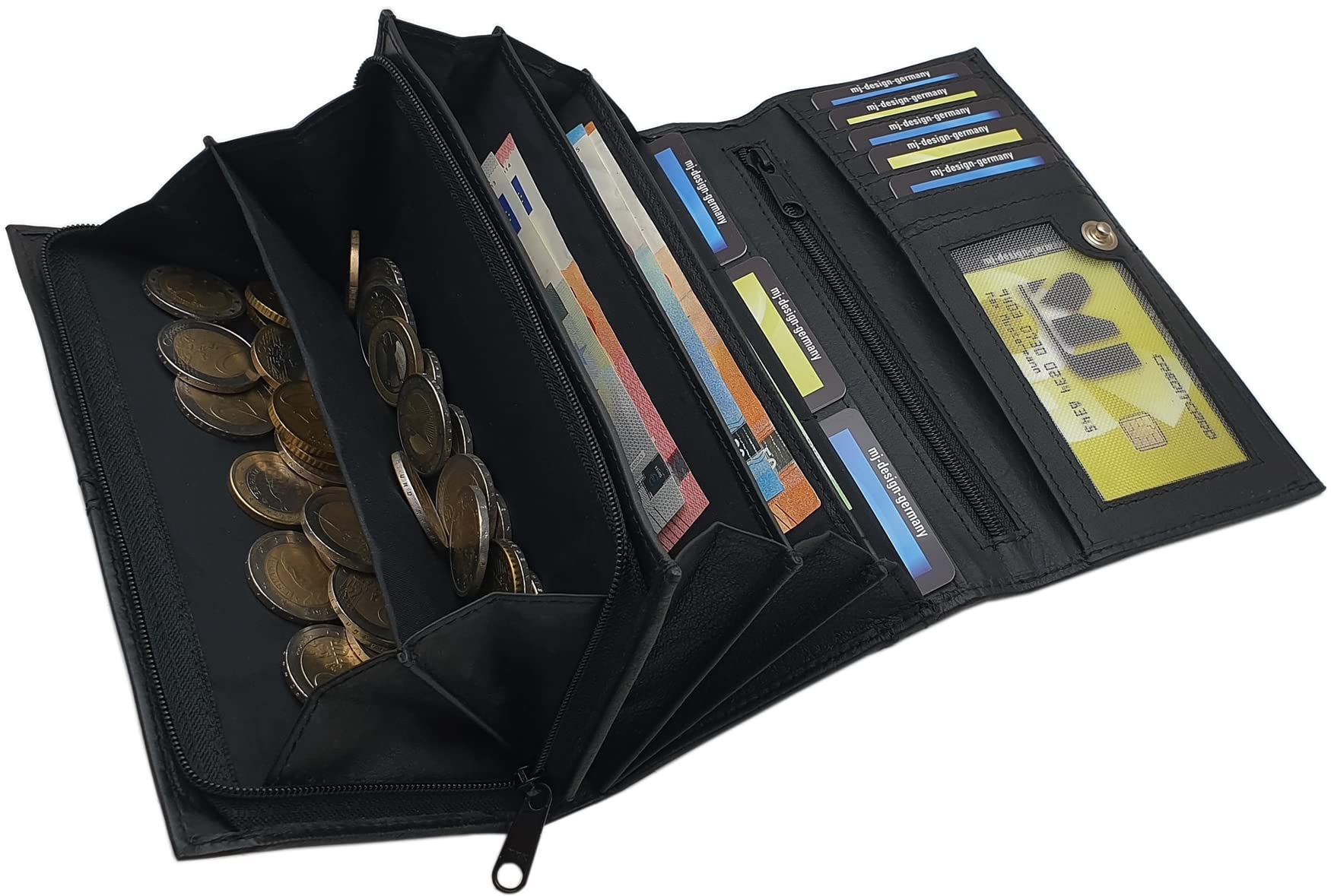 myledershop Damen Geldbörsen grande portafoglio donna pelle di vitello nero RFID NFC