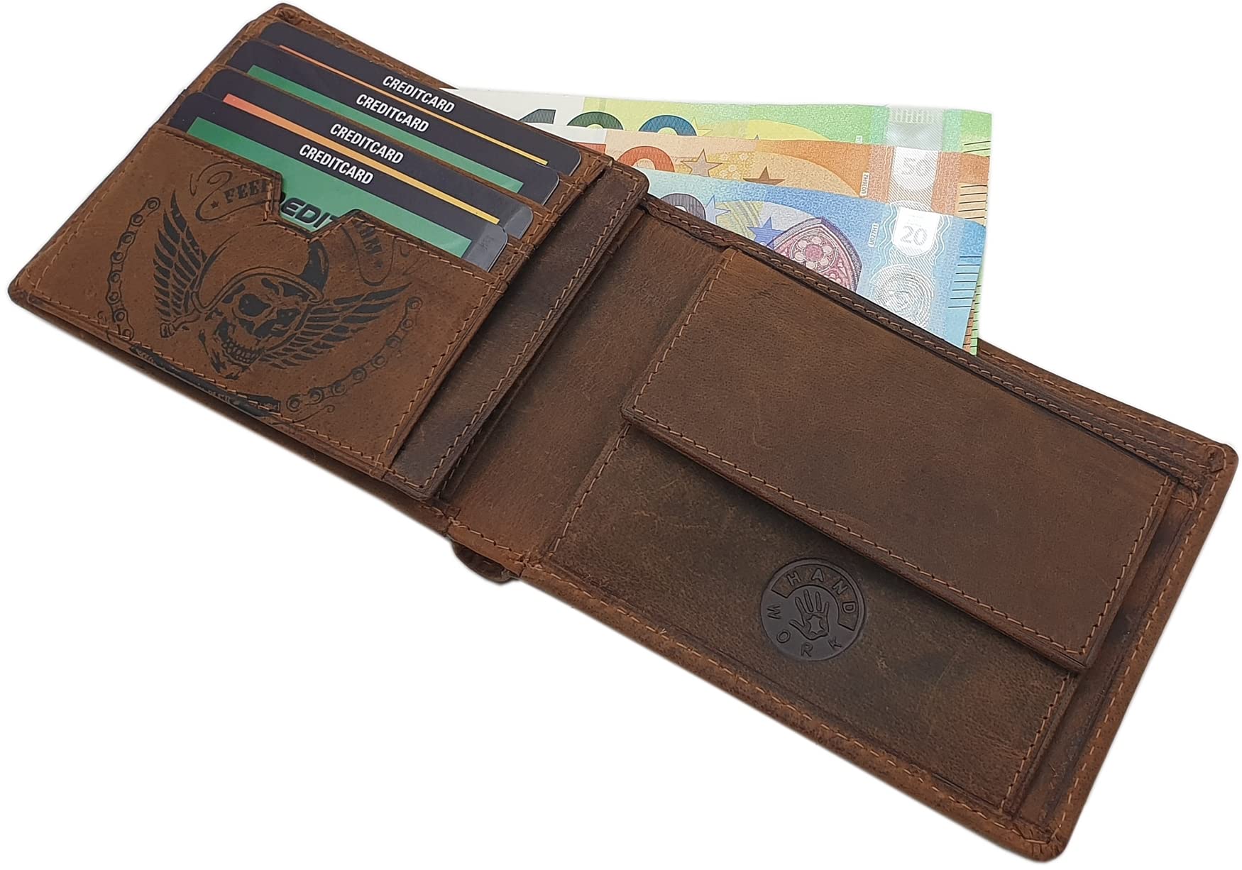 myledershop Herren Geldbörsen portafoglio uomo teschio in pelle di bufalo marrone RFID NFC