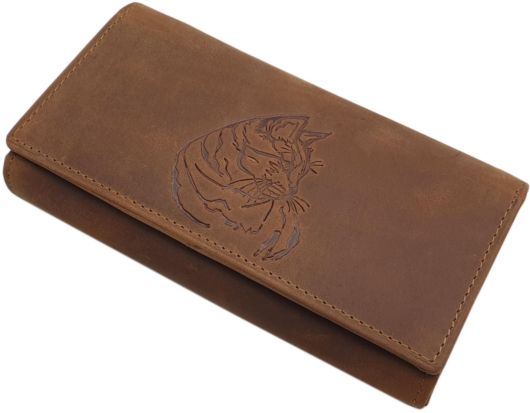 myledershop Damen Geldbörsen portafoglio donna grande pelle bufalo RFID gatto