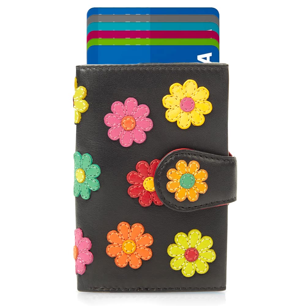 Visconti Daisy porta carte nero con fiore RFID e portamonete