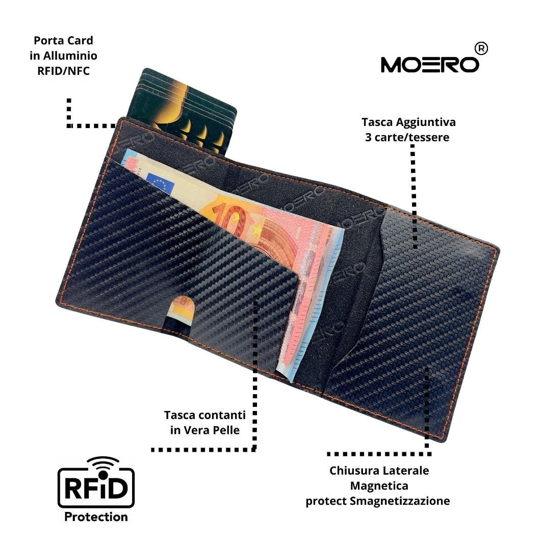 Moero Linea PRO PRO Zip Carbon portafoglio nero cuciture rosse RFID