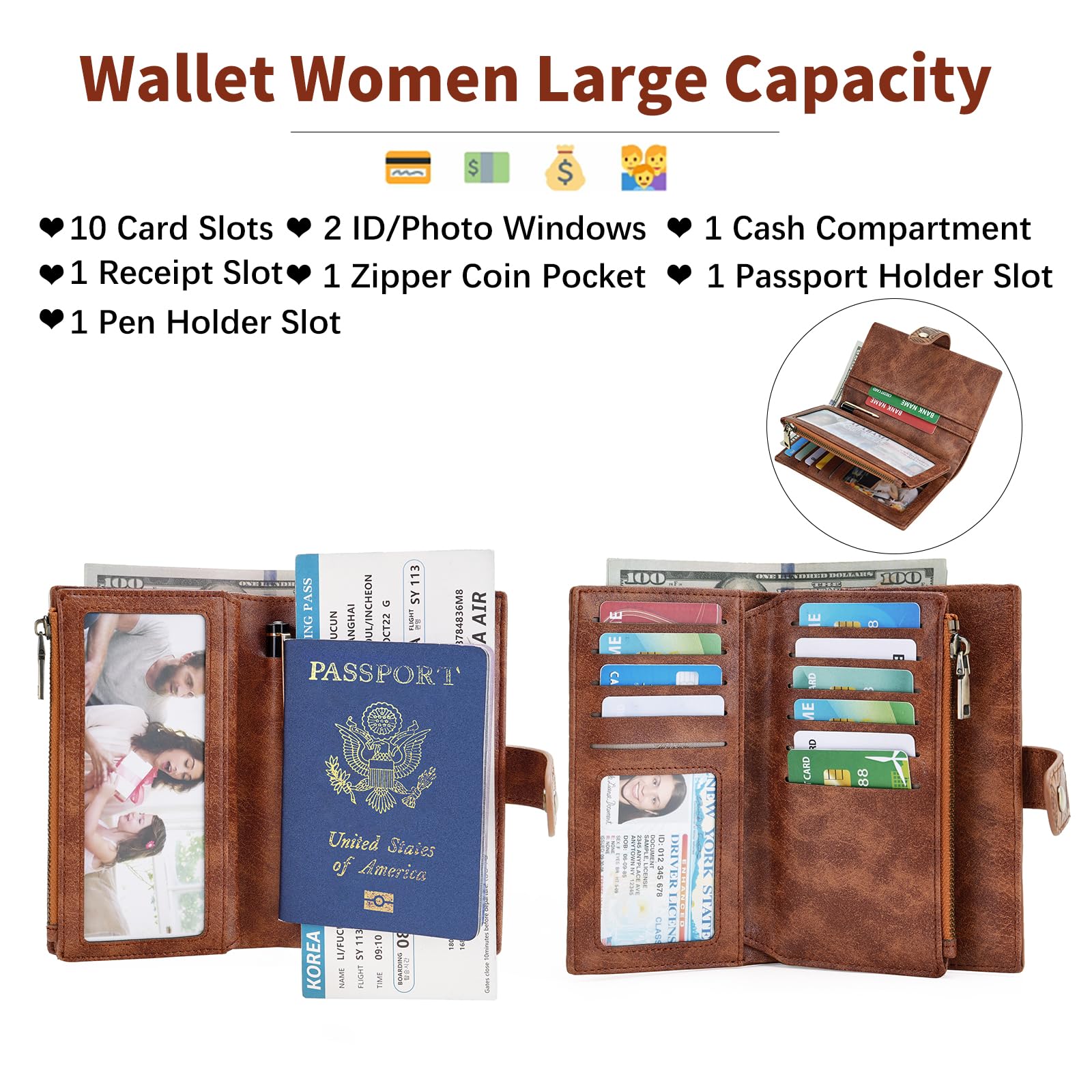 GOIACII WOMEN'S LARGE WALLET Portafoglio da donna Nero e marrone RFID