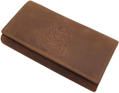 myledershop Damen Geldbörsen portafoglio donna grande pelle bufalo RFID gatto
