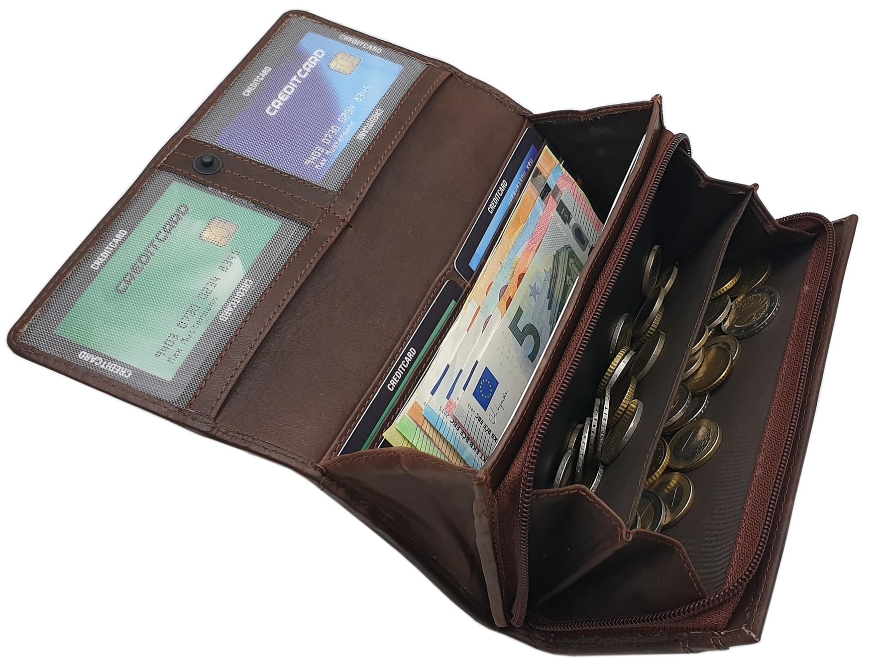 myledershop Damen Geldbörsen portafoglio grande pelle bovina marrone RFID