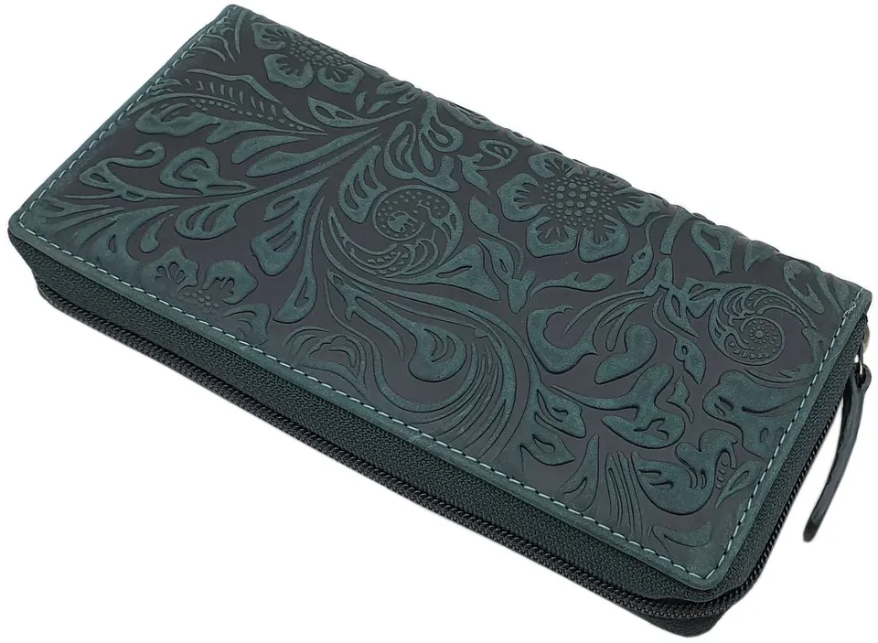 myledershop Damen Geldbörsen portafoglio grande RFID verde scuro