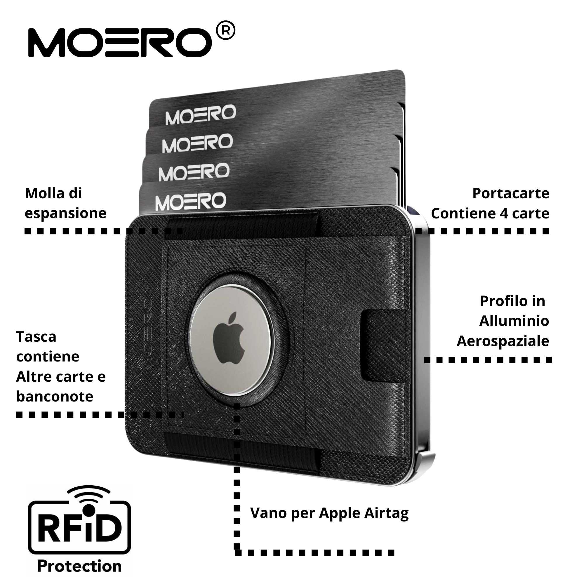 Moero Linea AirTag M2 Pro Airtag Saffiano Black portafoglio MagSafe RFID nero