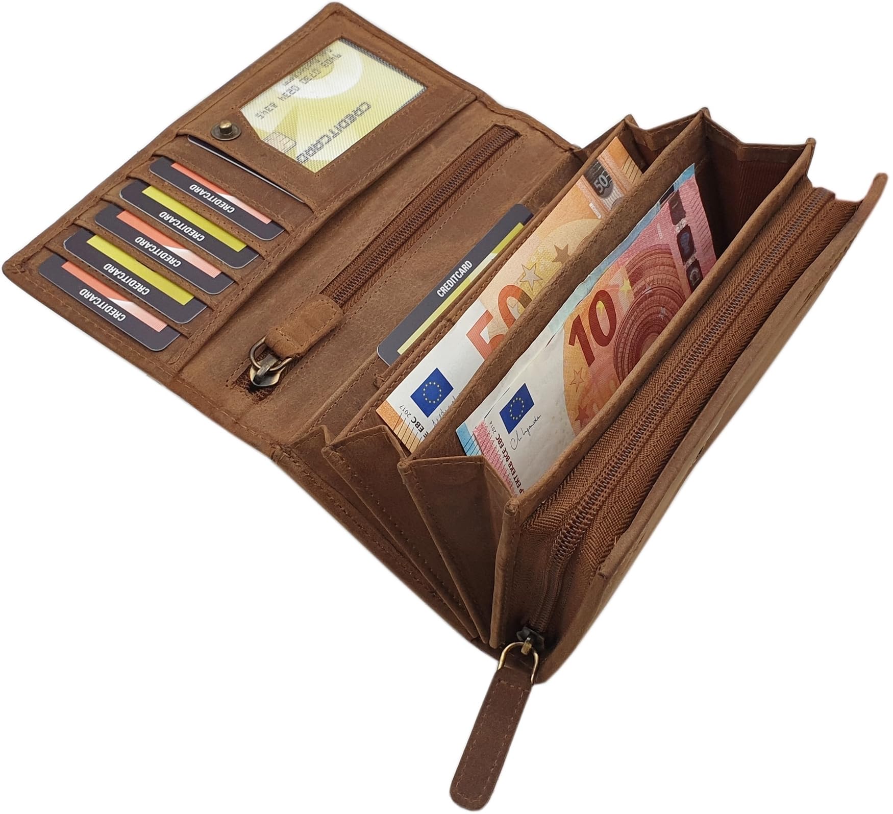 myledershop Damen Geldbörsen portafoglio donna grande pelle bufalo RFID gatto